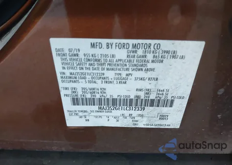 2020 Ford Ecosport Se z USA, uszkodzony, nr VIN MAJ3S2GE1LC312339